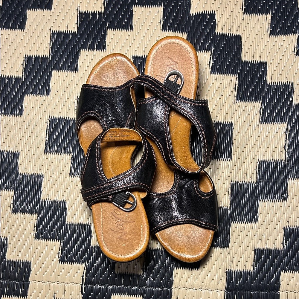 Naya Black Leather x Brown Weave Wedge Sandals